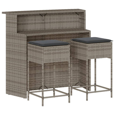 3 Piece Garden Bar Set with Cushions Grey Poly Rattan