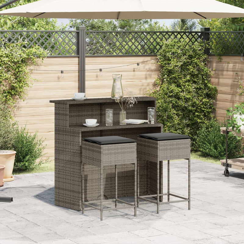 3 Piece Garden Bar Set with Cushions Grey Poly Rattan