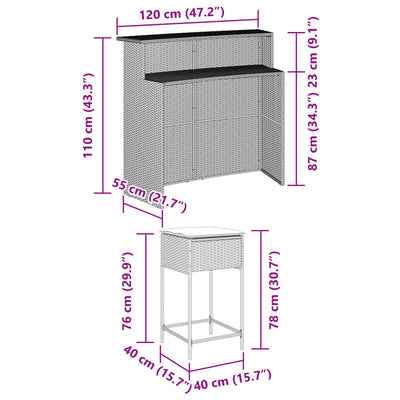 3 Piece Garden Bar Set with Cushions Grey Poly Rattan