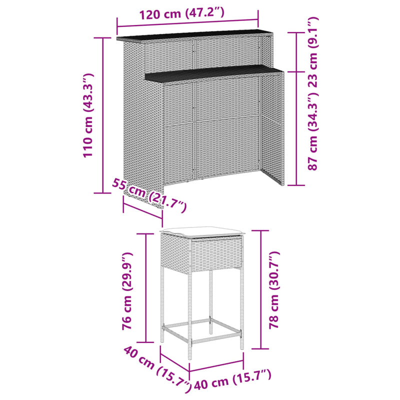 3 Piece Garden Bar Set with Cushions Grey Poly Rattan