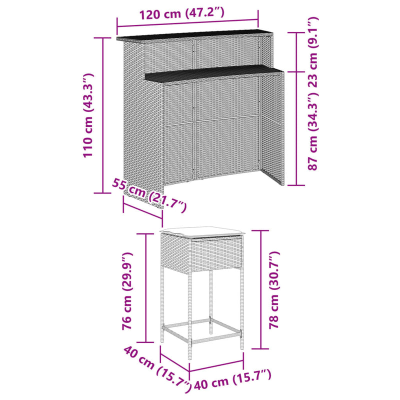 5 Piece Garden Bar Set with Cushions Grey Poly Rattan