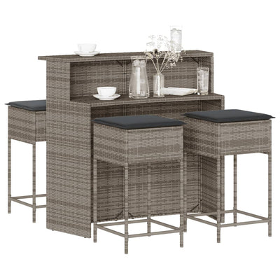 5 Piece Garden Bar Set with Cushions Grey Poly Rattan