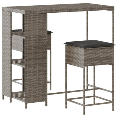 3 Piece Garden Bar Set with Cushions Grey Poly Rattan