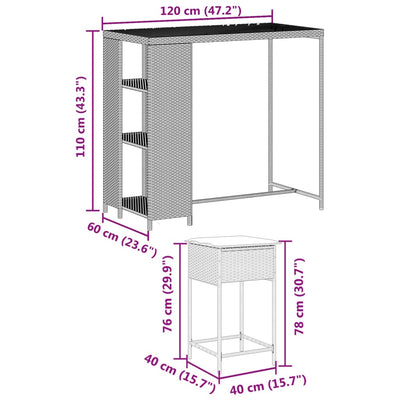 3 Piece Garden Bar Set with Cushions Grey Poly Rattan