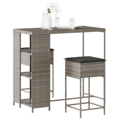 3 Piece Garden Bar Set with Cushions Grey Poly Rattan