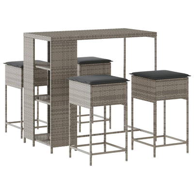 5 Piece Garden Bar Set with Cushions Grey Poly Rattan