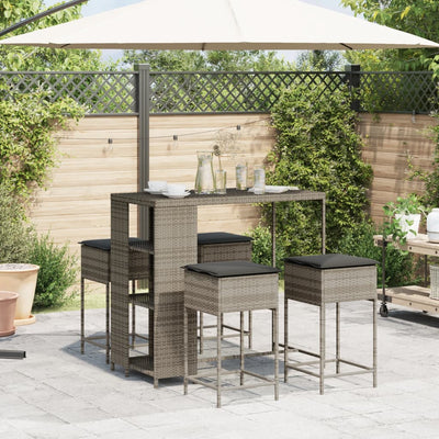 5 Piece Garden Bar Set with Cushions Grey Poly Rattan