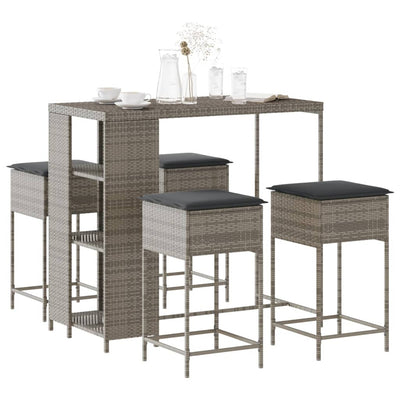 5 Piece Garden Bar Set with Cushions Grey Poly Rattan