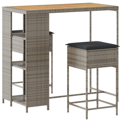 3 Piece Garden Bar Set with Cushions Grey Poly Rattan