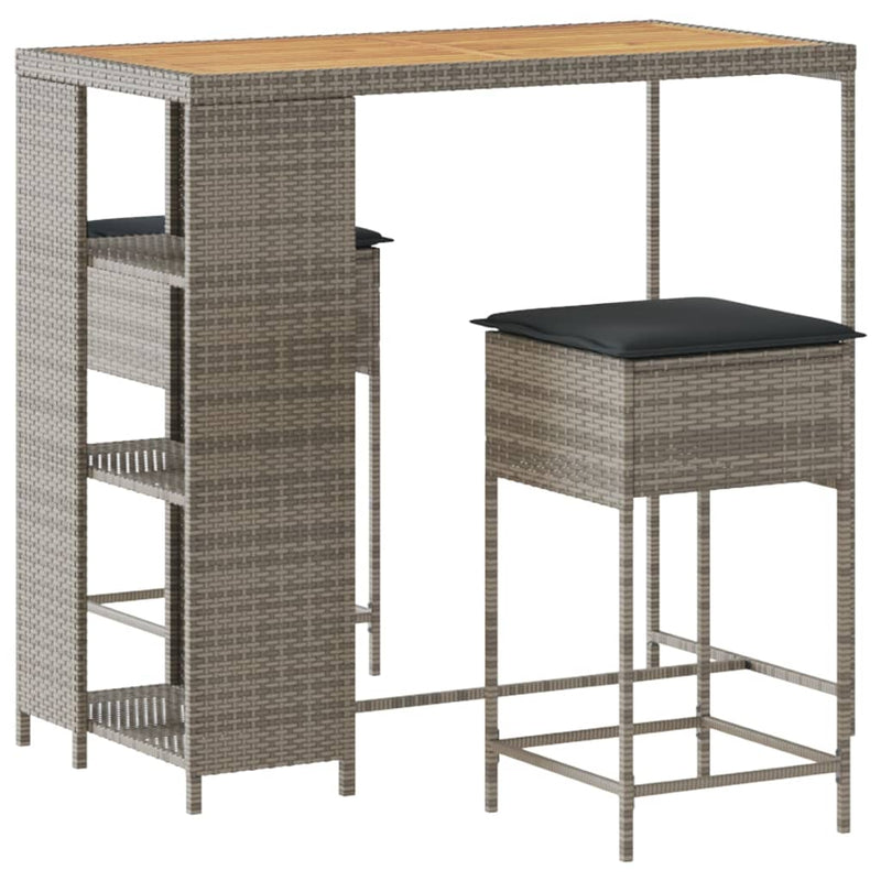 3 Piece Garden Bar Set with Cushions Grey Poly Rattan