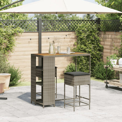 3 Piece Garden Bar Set with Cushions Grey Poly Rattan