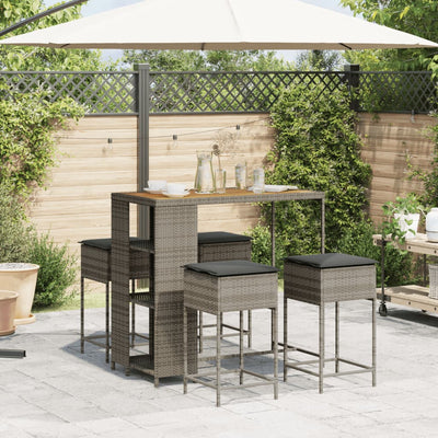 5 Piece Garden Bar Set with Cushions Grey Poly Rattan