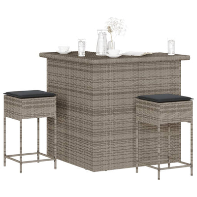 3 Piece Garden Bar Set with Cushions Grey Poly Rattan