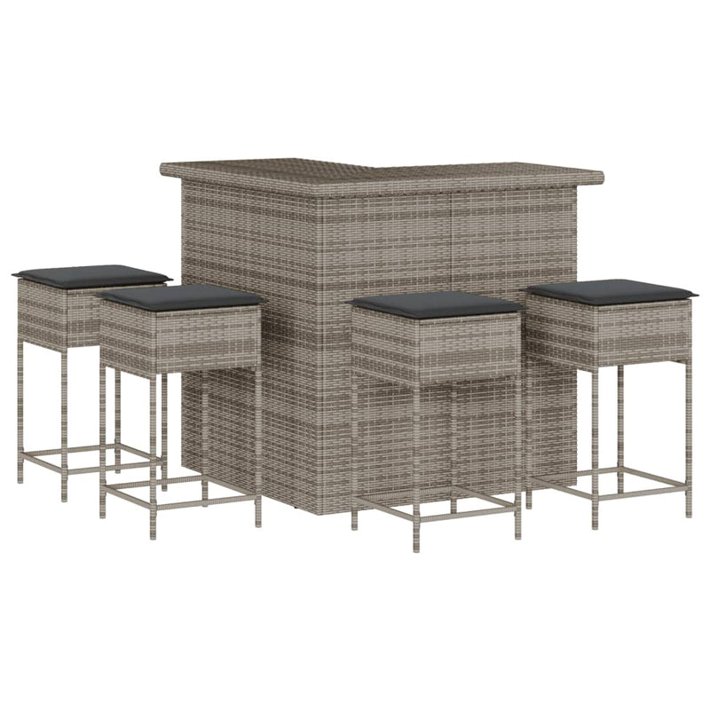 5 Piece Garden Bar Set with Cushions Grey Poly Rattan