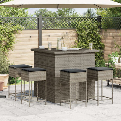 5 Piece Garden Bar Set with Cushions Grey Poly Rattan