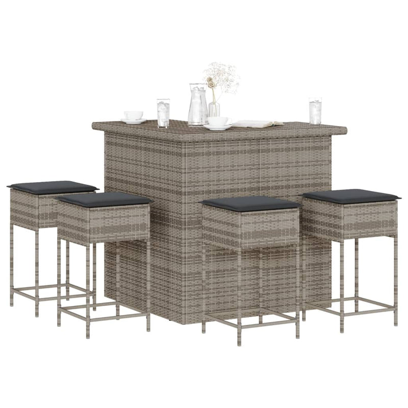 5 Piece Garden Bar Set with Cushions Grey Poly Rattan