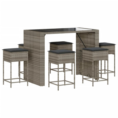 7 Piece Garden Bar Set with Cushions Grey Poly Rattan