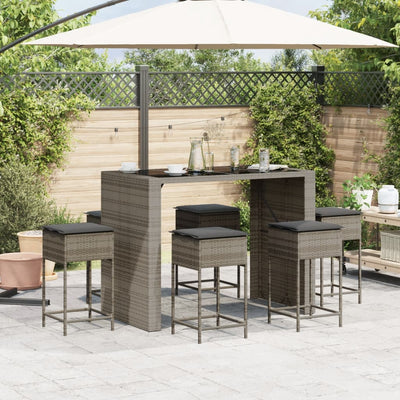 7 Piece Garden Bar Set with Cushions Grey Poly Rattan