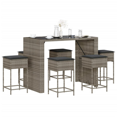 7 Piece Garden Bar Set with Cushions Grey Poly Rattan