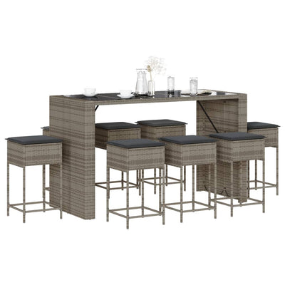 9 Piece Garden Bar Set with Cushions Grey Poly Rattan