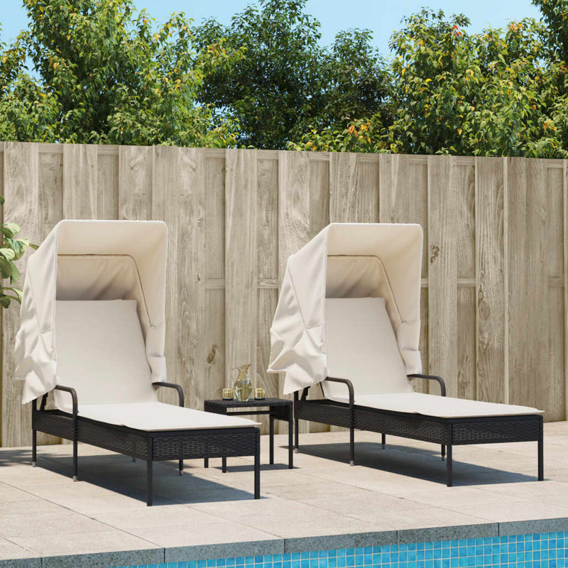 Sun Loungers 2 pcs with Canopies and Table Black Poly Rattan