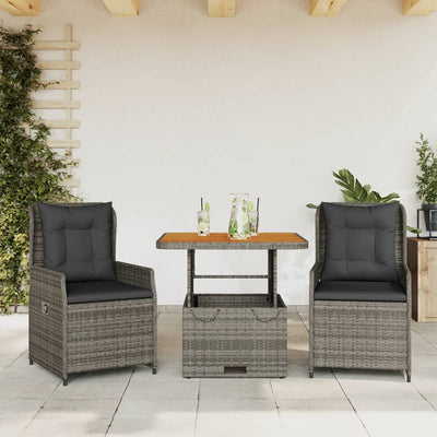 3 Piece Bistro Set with Cushions Grey Poly Rattan