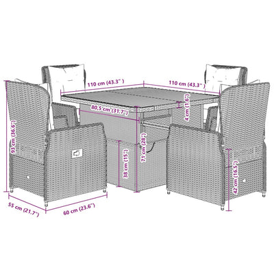 5 Piece Garden Dining Set with Cushions Grey Poly Rattan