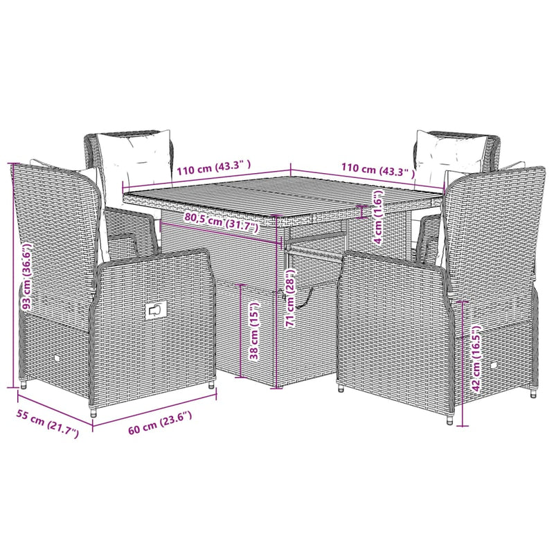 5 Piece Garden Dining Set with Cushions Grey Poly Rattan