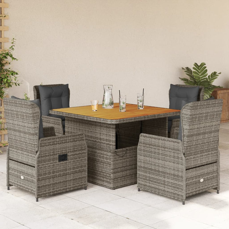 5 Piece Garden Dining Set with Cushions Grey Poly Rattan