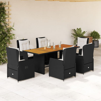 7 Piece Garden Dining Set with Cushions Black Poly Rattan