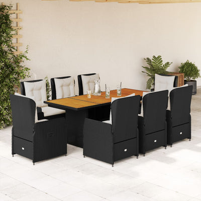 9 Piece Garden Dining Set with Cushions Black Poly Rattan