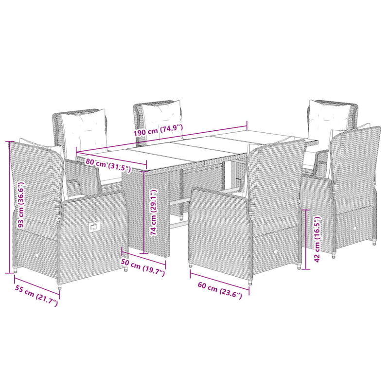 7 Piece Garden Dining Set with Cushions Grey Poly Rattan