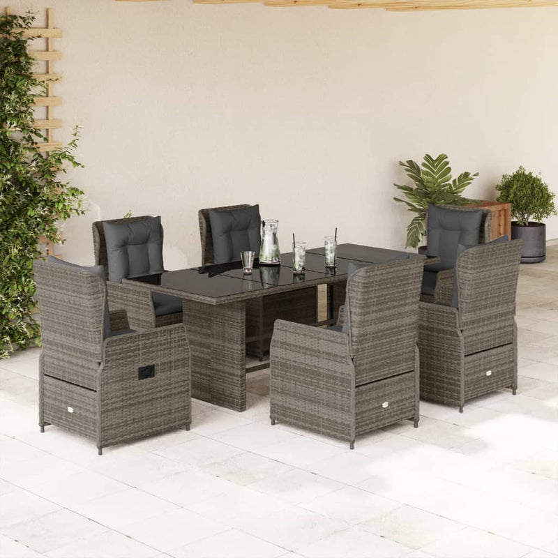 7 Piece Garden Dining Set with Cushions Grey Poly Rattan