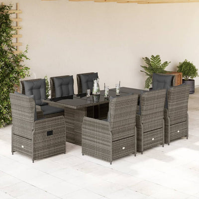 9 Piece Garden Dining Set with Cushions Grey Poly Rattan