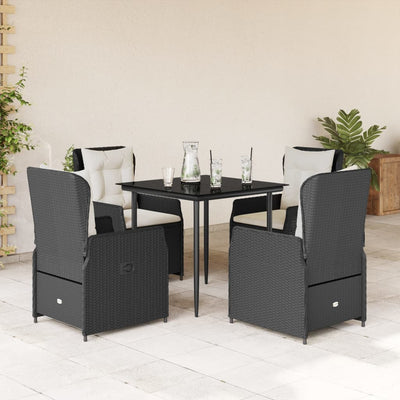 5 Piece Garden Dining Set with Cushions Black Poly Rattan