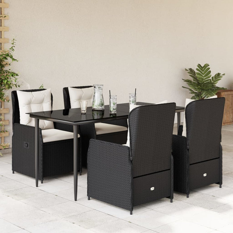 5 Piece Garden Dining Set with Cushions Black Poly Rattan