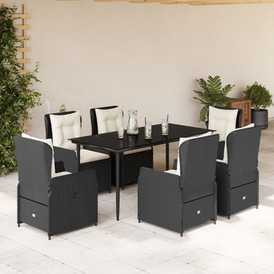 7 Piece Garden Dining Set with Cushions Black Poly Rattan