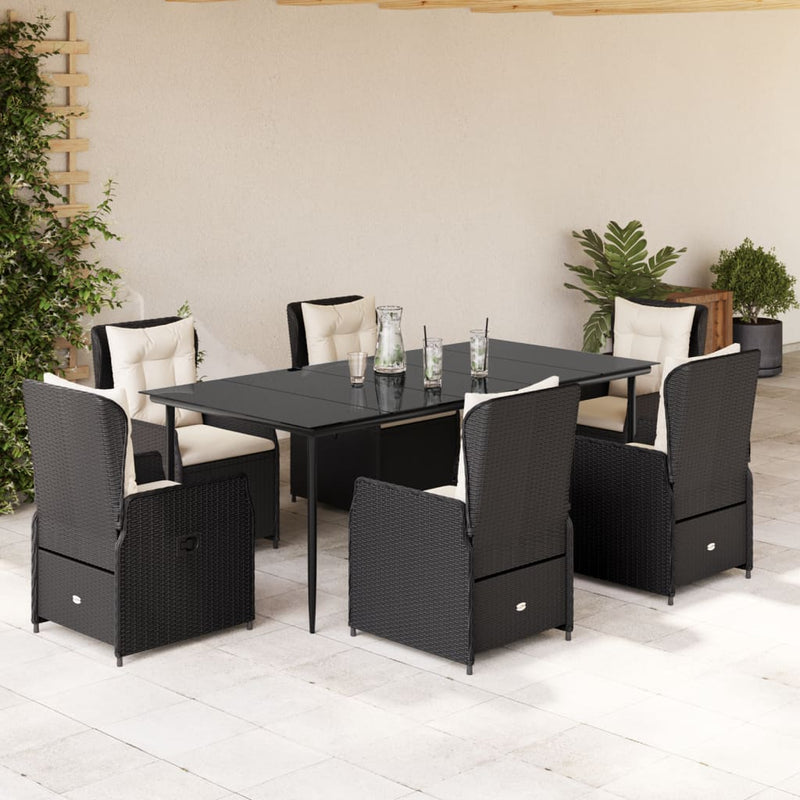 7 Piece Garden Dining Set with Cushions Black Poly Rattan