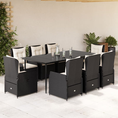 9 Piece Garden Dining Set with Cushions Black Poly Rattan