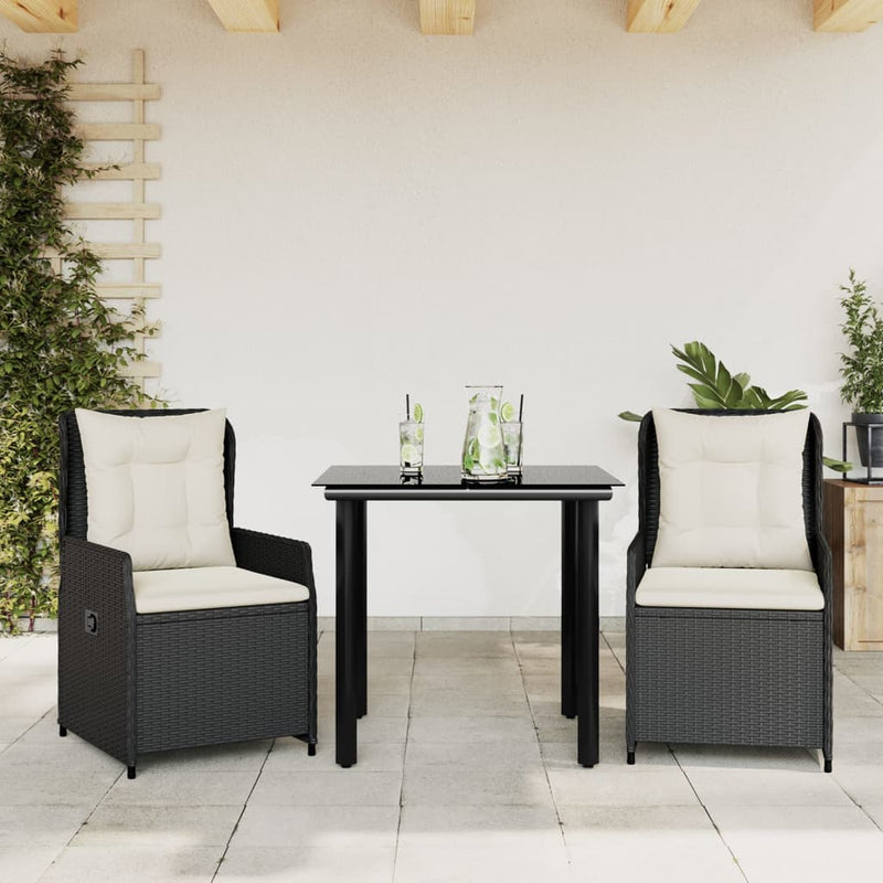 3 Piece Garden Dining Set with Cushions Black Poly Rattan