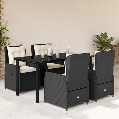 5 Piece Garden Dining Set with Cushions Black Poly Rattan