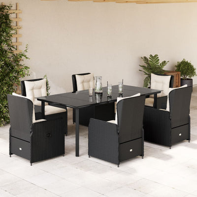 7 Piece Garden Dining Set with Cushions Black Poly Rattan