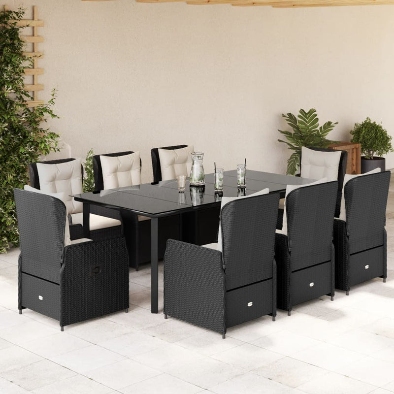 9 Piece Garden Dining Set with Cushions Black Poly Rattan