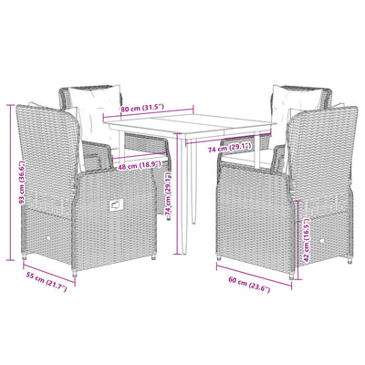 5 Piece Garden Dining Set with Cushions Grey Poly Rattan