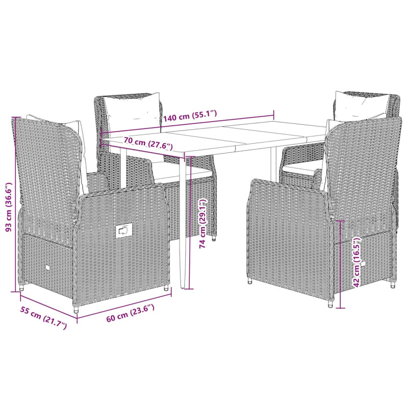 5 Piece Garden Dining Set with Cushions Grey Poly Rattan