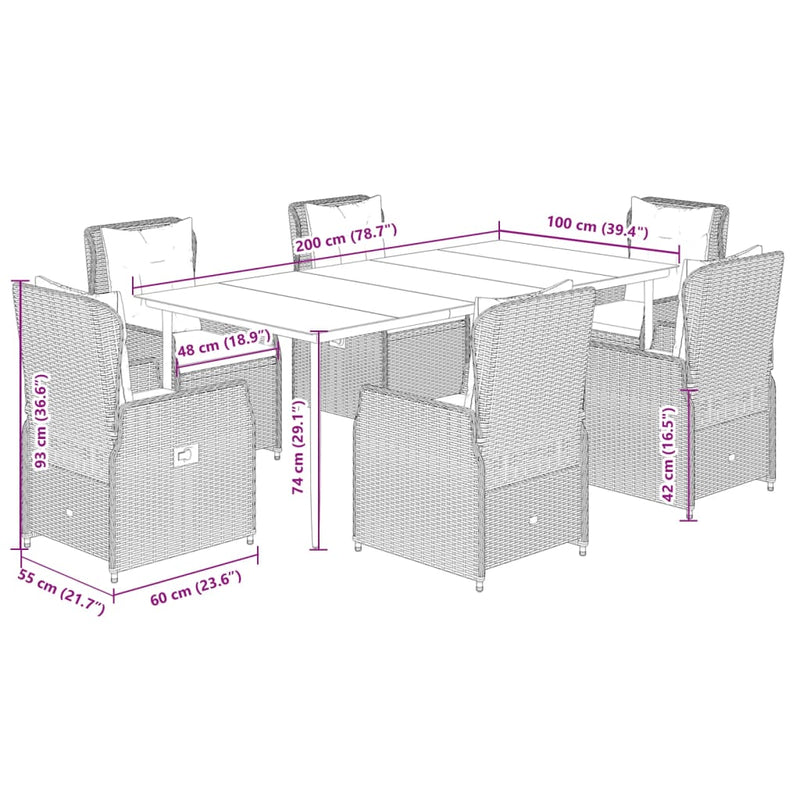 7 Piece Garden Dining Set with Cushions Grey Poly Rattan