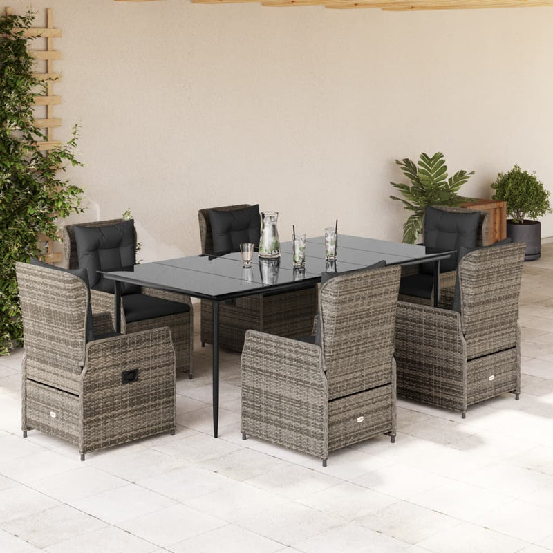 7 Piece Garden Dining Set with Cushions Grey Poly Rattan