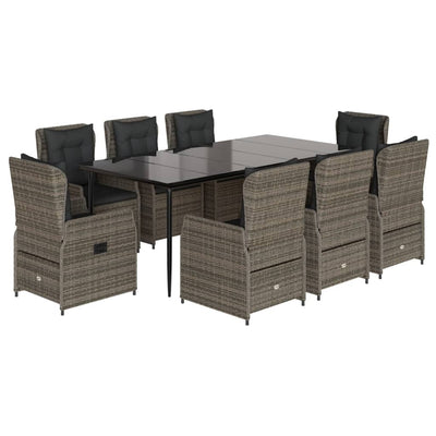 9 Piece Garden Dining Set with Cushions Grey Poly Rattan