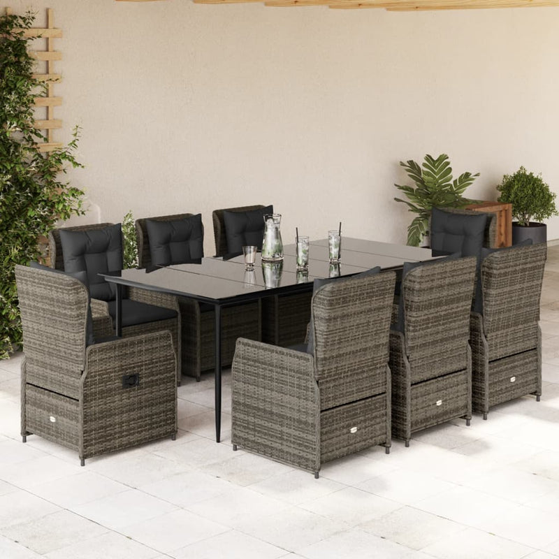 9 Piece Garden Dining Set with Cushions Grey Poly Rattan