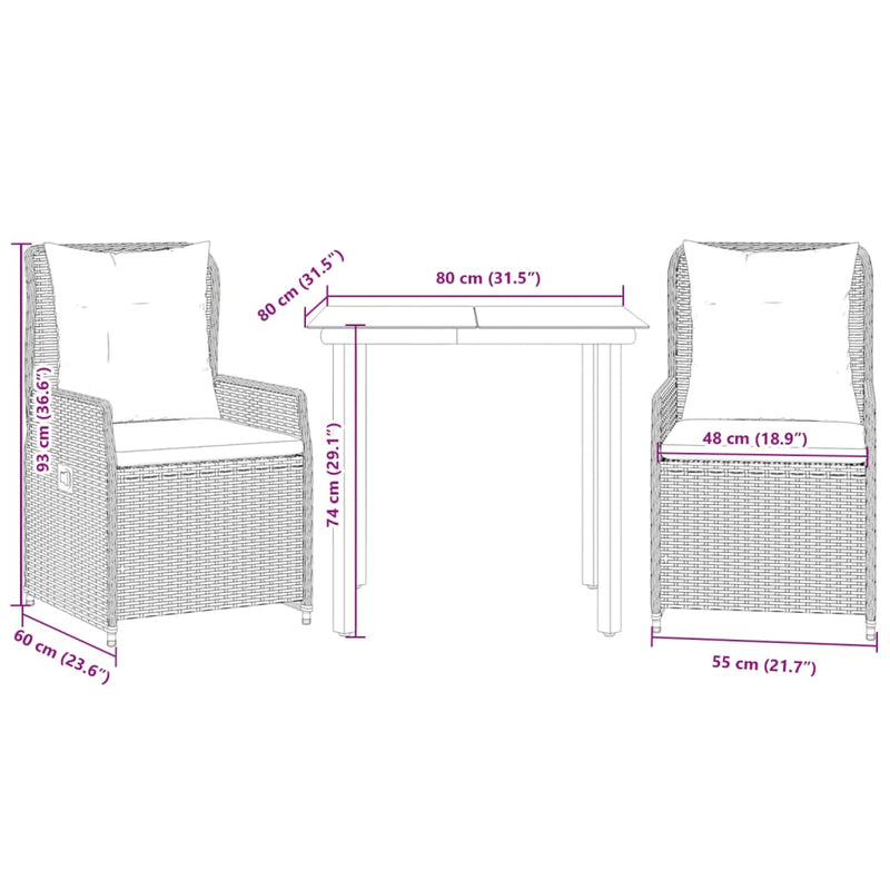 3 Piece Garden Dining Set with Cushions Grey Poly Rattan